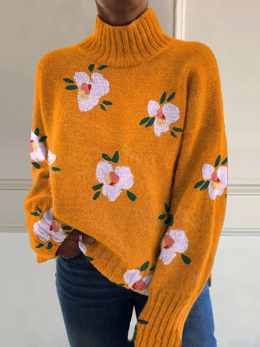 3D floral high neck long sleeve pullover sweater in wool woven fabric and polyester, sizes XXS to XXXL