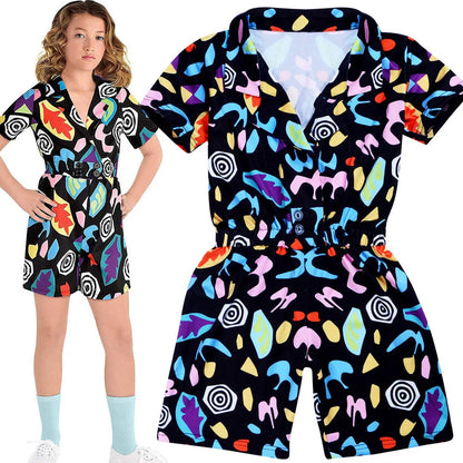 Girls' black cotton jumpsuit with cartoon pattern and short sleeves, shown on hanger