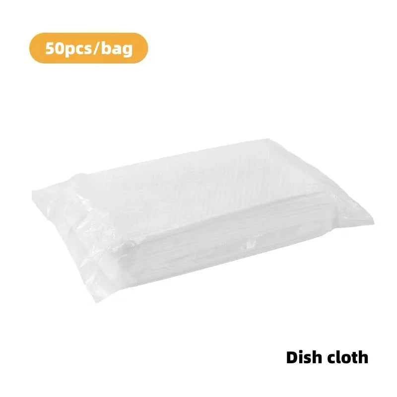 Disposable magic cleaning brush with plastic handle, storage box, and 50 white non-woven rag refills.