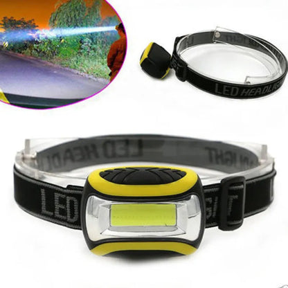 Yellow plastic headlamp with adjustable headband and COB LED light, showing three-speed control buttons.