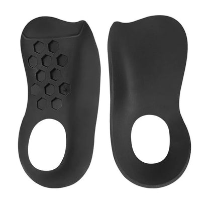 Pair of TPR varus correction arch support insoles in black, white, and skin colour options.