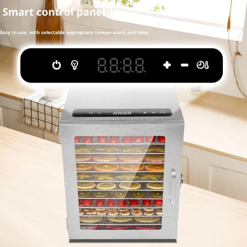 Stainless steel fruit dehydrator with 18 drying trays and top touch screen panel