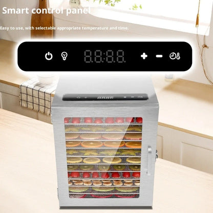 Stainless steel fruit dehydrator with 18 drying trays and top touch screen panel