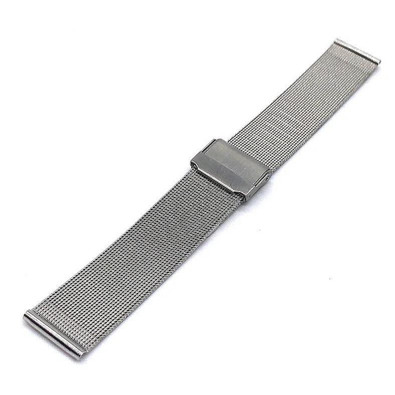 Silver stainless steel watch strap with double buckle closure showing eight width options from 10mm to 24mm