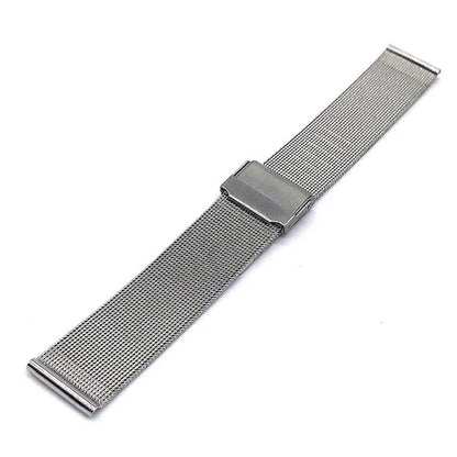 Silver stainless steel watch strap with double buckle closure showing eight width options from 10mm to 24mm