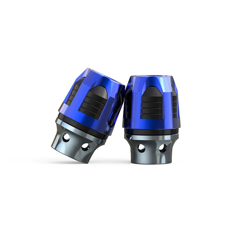 A pair of aluminium alloy fork cups with an anodised coloured finish, for motorcycle or electric car front axles.