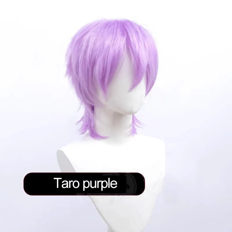 Short black anime-style cosplay wig for men with a lengthened hair tail, made from synthetic fibre.