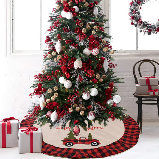 120cm circular car Christmas tree skirt in imitation linen cloth with mechanically sewn edges