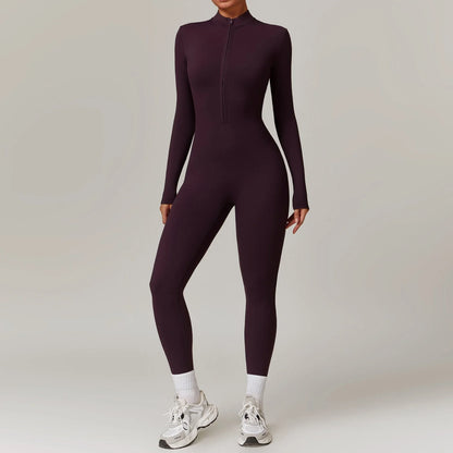 Cozy zippered jumpsuit in various colors, designed for yoga, fitness, and sports activities