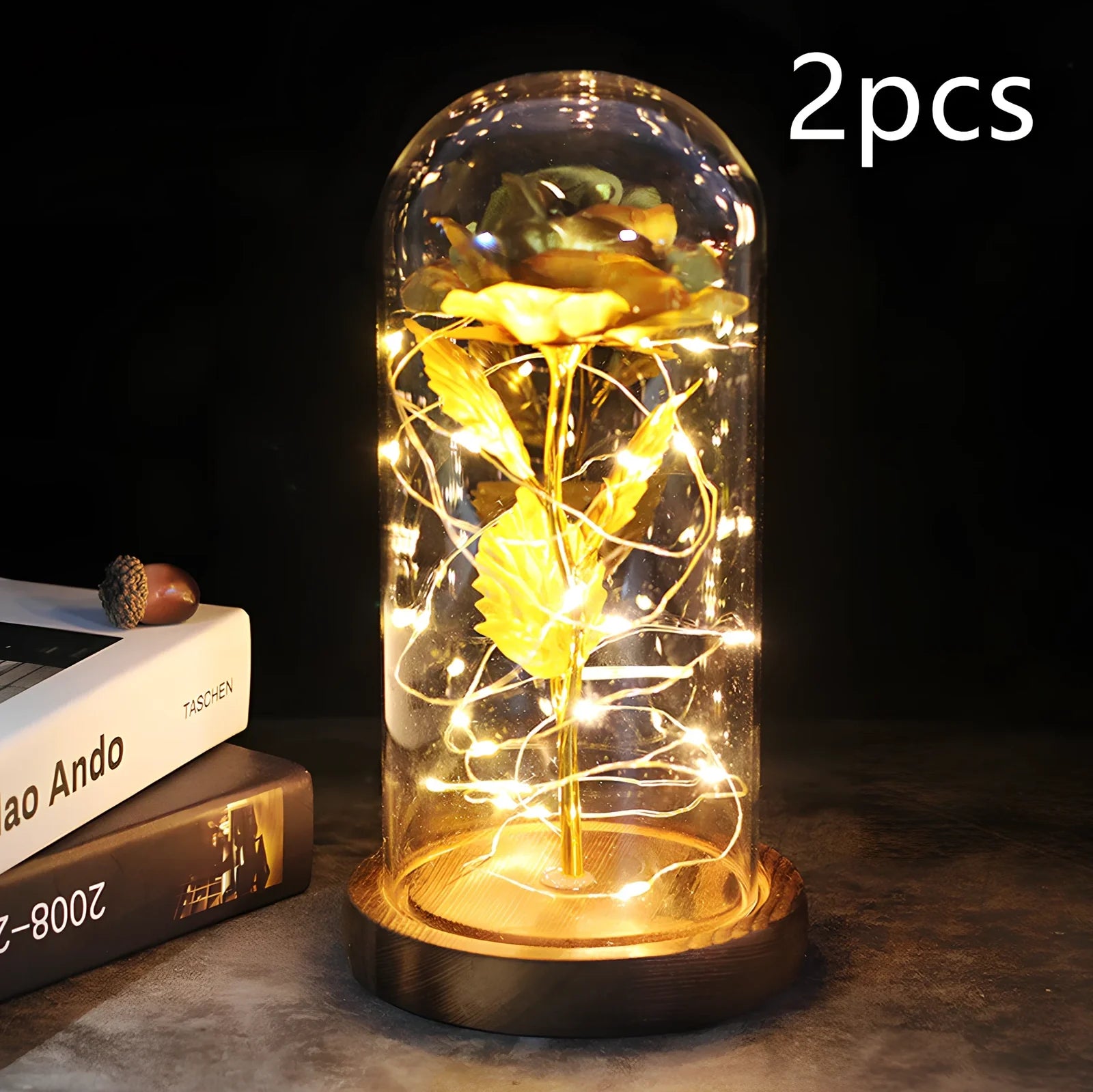 Little Prince rose arrangement under 20x9cm glass dome with gold foil flowers