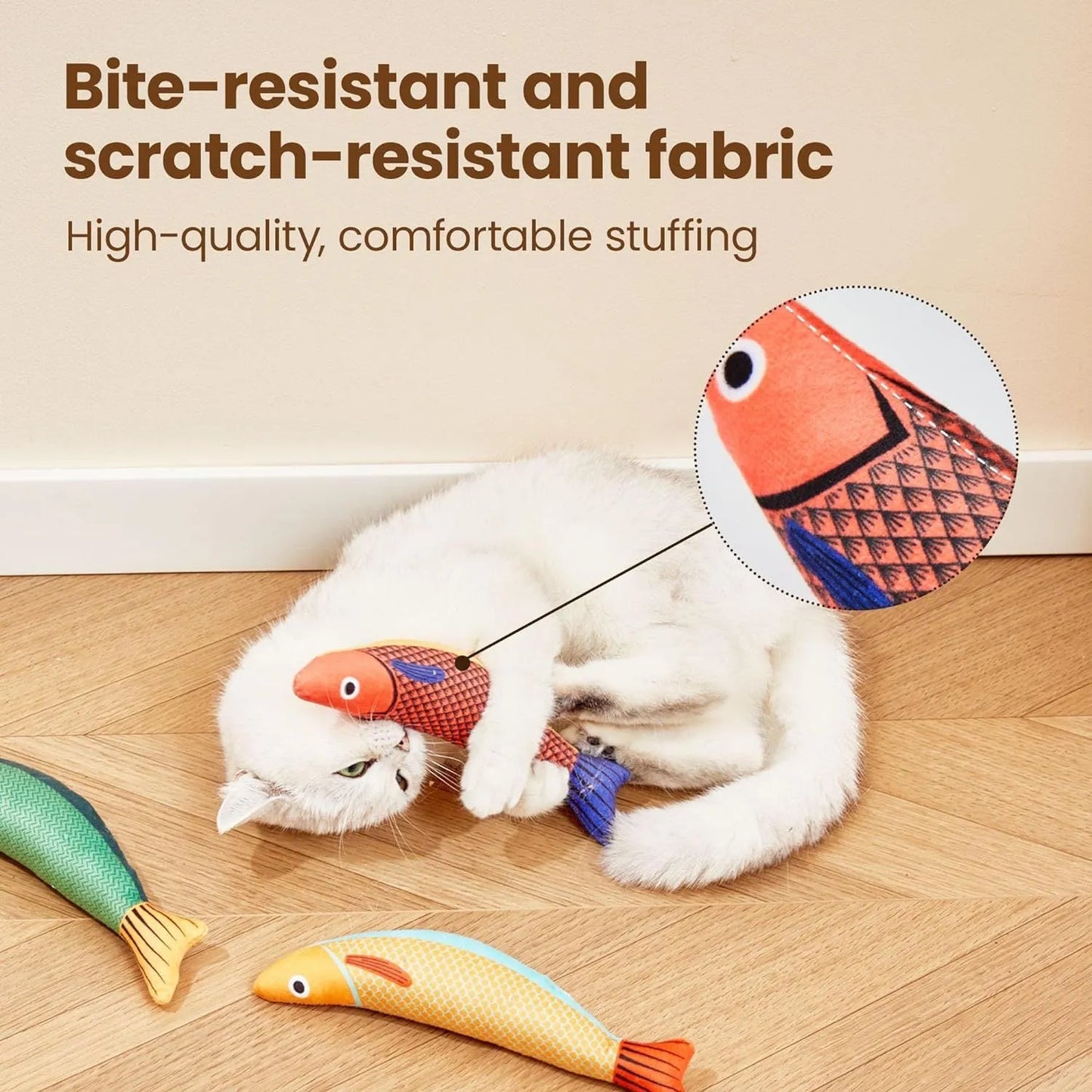 Green saury fish cat toy with crinkle sound and organic catnip, measuring 24x6x4cm
