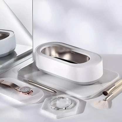 White portable ultrasonic cleaner with stainless steel tank for cleaning jewellery and glasses