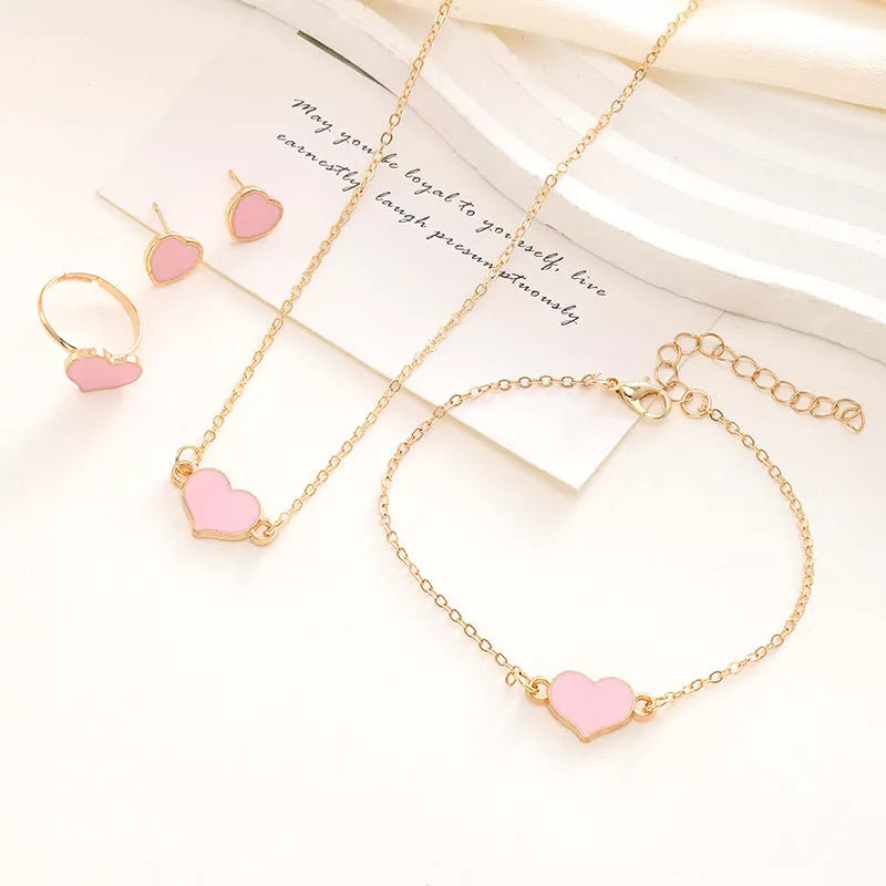 Women's fashion heart jewelry set in alloy with necklace, bracelet, earrings, and ring