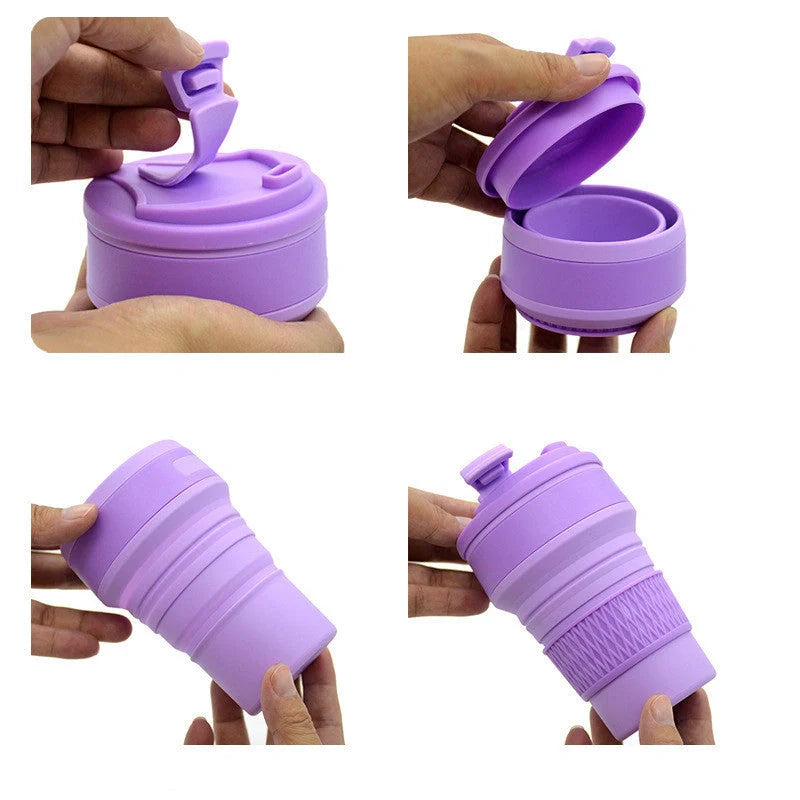 Collapsible silicone travel mug with leak-proof cover in various colors
