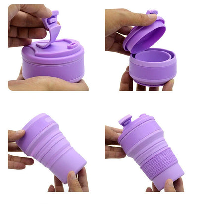 Collapsible silicone travel mug with leak-proof cover in various colors