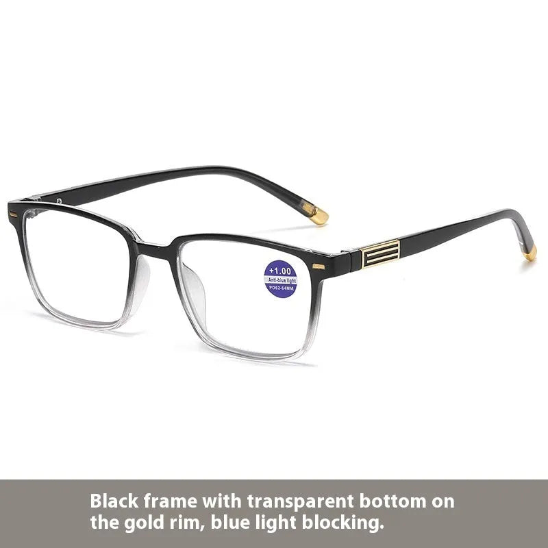 Multifocal reading glasses with anti blue light protection showing colour changing lenses