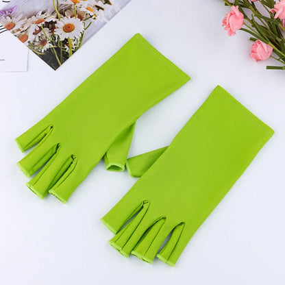 Manicure gloves with UV protection, featuring a stylish half-finger design and hand-painted finish for a comfortable and functional at-home nail care experience.