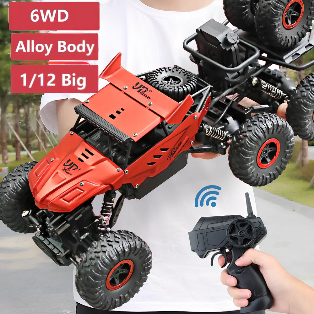 Children's remote control car with six wheels and 38cm climbing capability in black, gold, or red colours