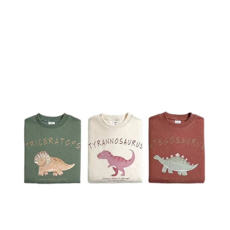 Children's beige sweatshirt with printed cartoon dinosaur design, pullover style without hood