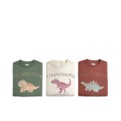 Children's beige sweatshirt with printed cartoon dinosaur design, pullover style without hood