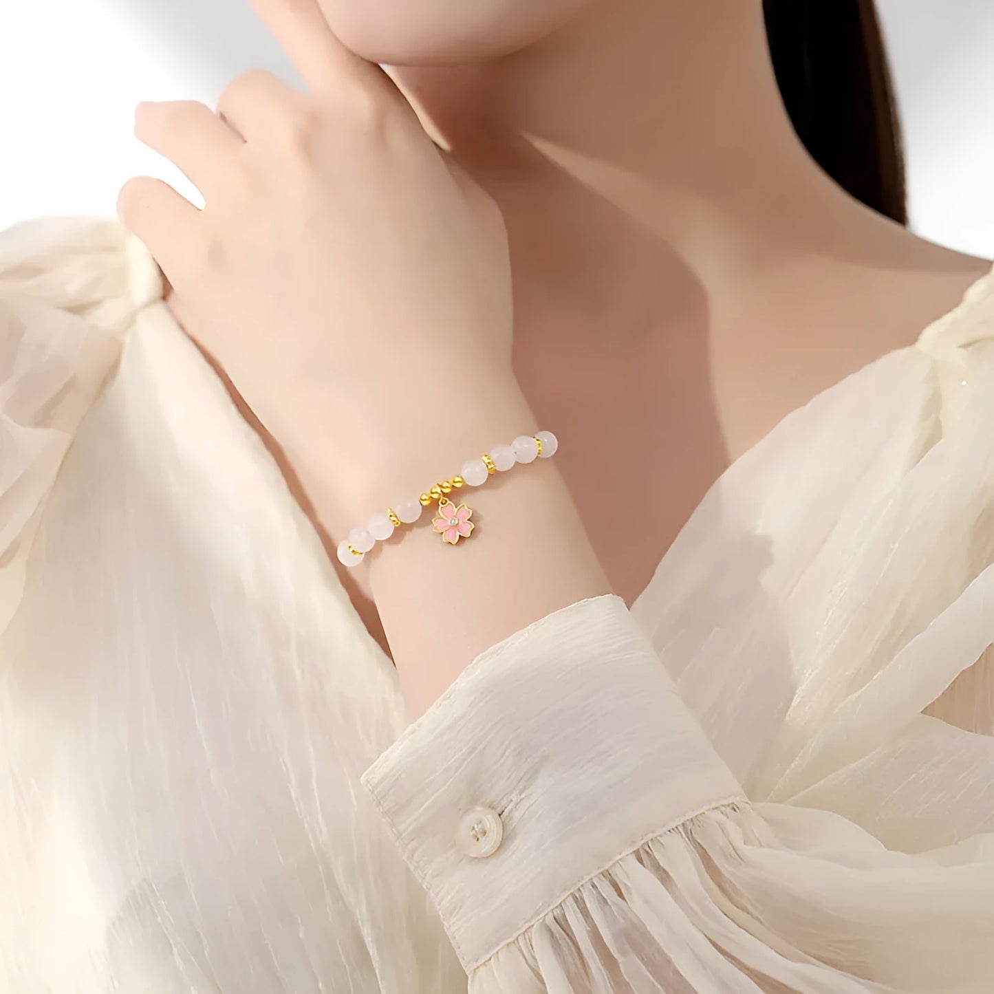 Pink silver bracelet with cherry blossom pendant and Hetian jade beads