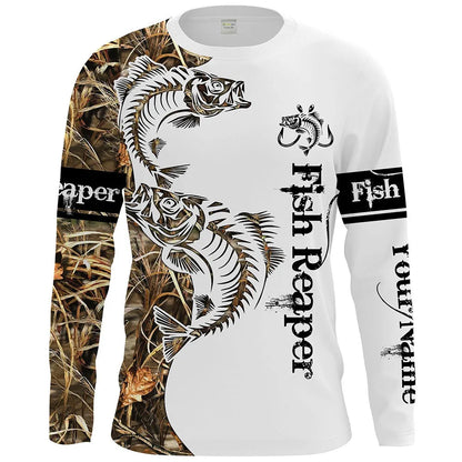 Men's grey pullover top with a colourful printed fish design on the front, showcasing long sleeves and a round neck.