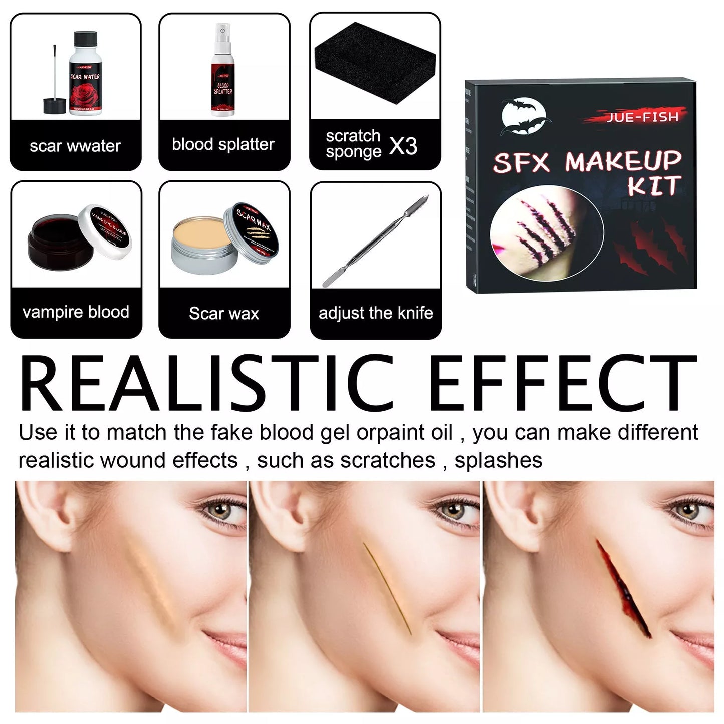 Halloween Cosmetic Bag with skin wax, pseudo blood gel, scar water, false blood spray, sponges, and silver scraper