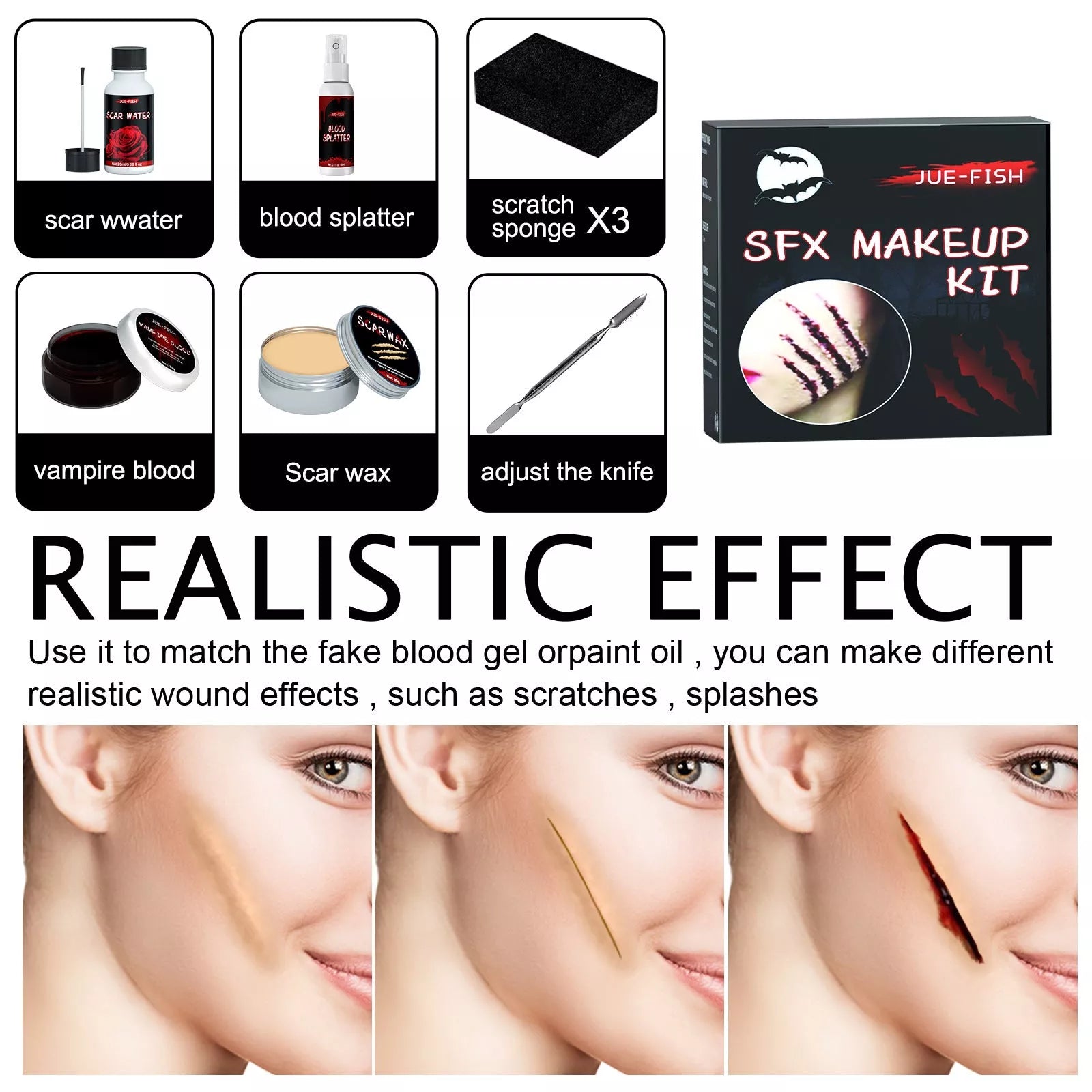 Halloween Cosmetic Bag with skin wax, pseudo blood gel, scar water, false blood spray, sponges, and silver scraper