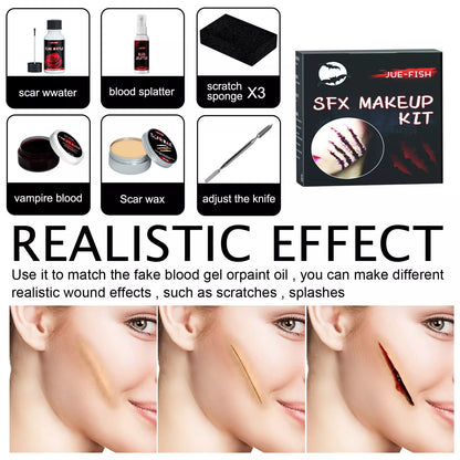 Halloween Cosmetic Bag with skin wax, pseudo blood gel, scar water, false blood spray, sponges, and silver scraper