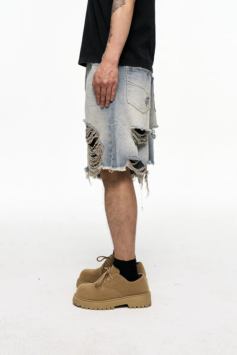 Men's light blue denim shorts with a baggy wide-leg and retro washed finish