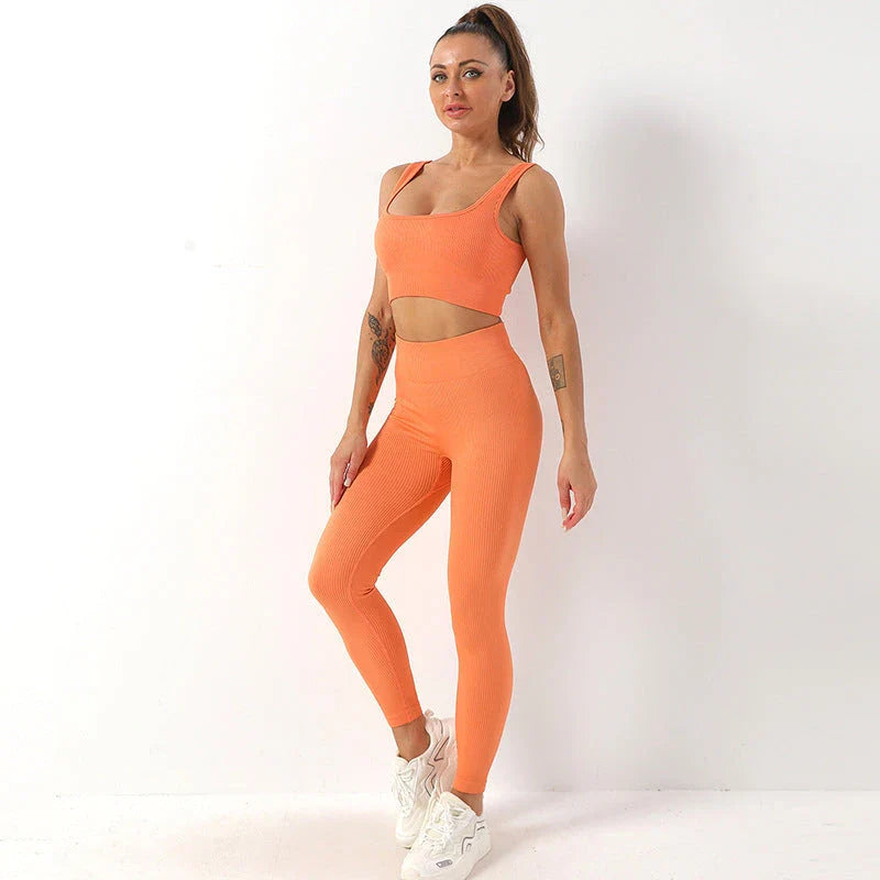 Seamless yoga set with high-waist leggings and supportive sports bra for women's fitness and activewear
