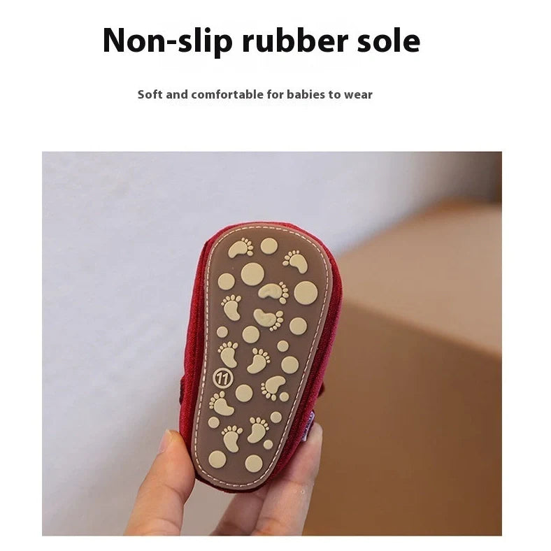 Wine red baby girl's shoes with elastic band closure and textured non-slip rubber soles