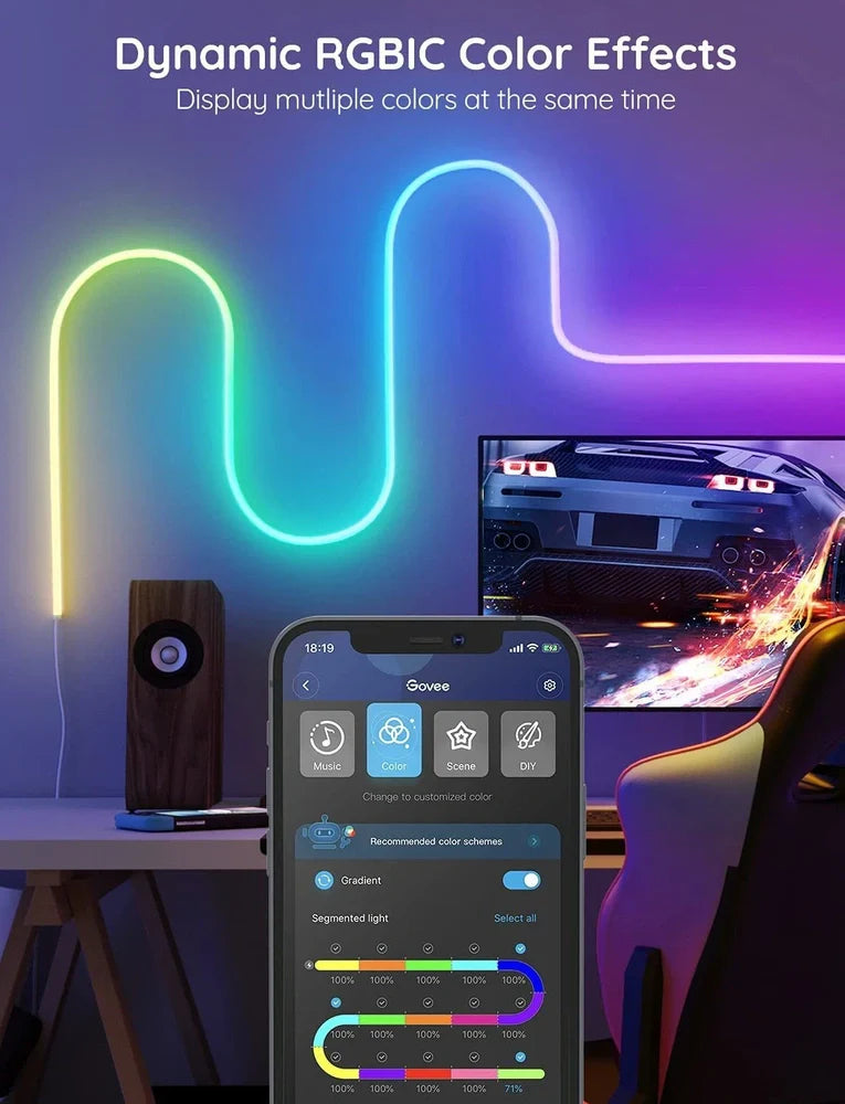 12V/24V Bluetooth WiFi RGBIC music neon light strip with 84 LED beads