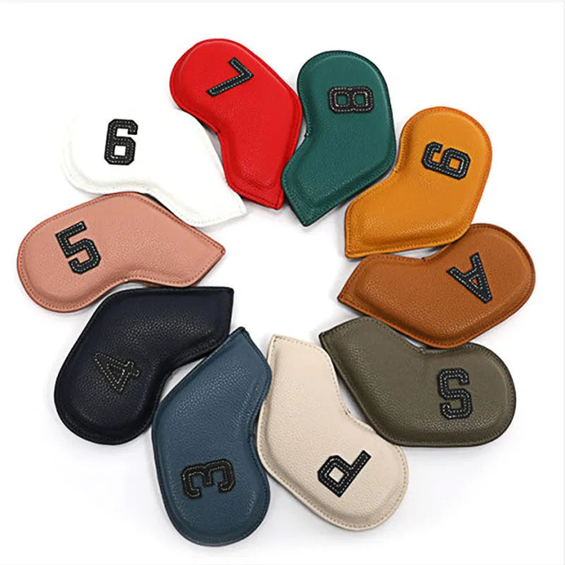 Set of 10 golf club head covers in various colours with minimal digital printing