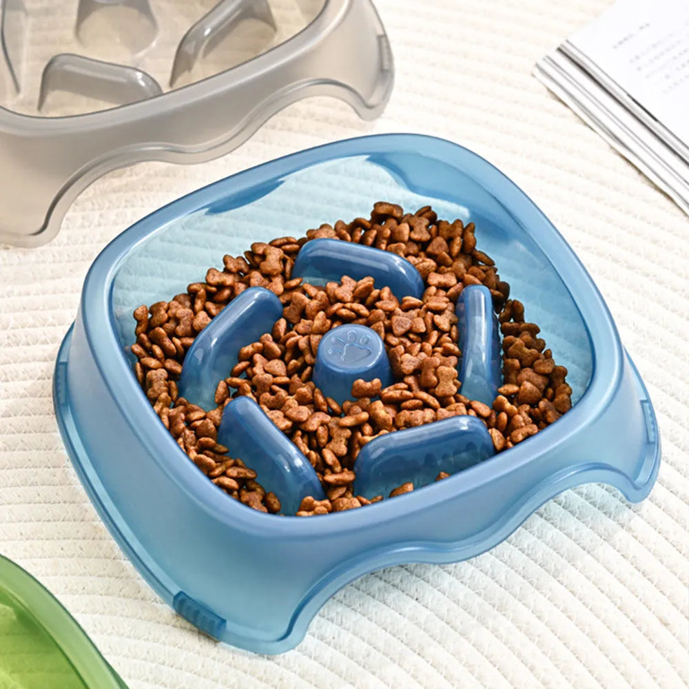 Blue anti-choking slow feeder plastic dog bowl for puppies and dogs