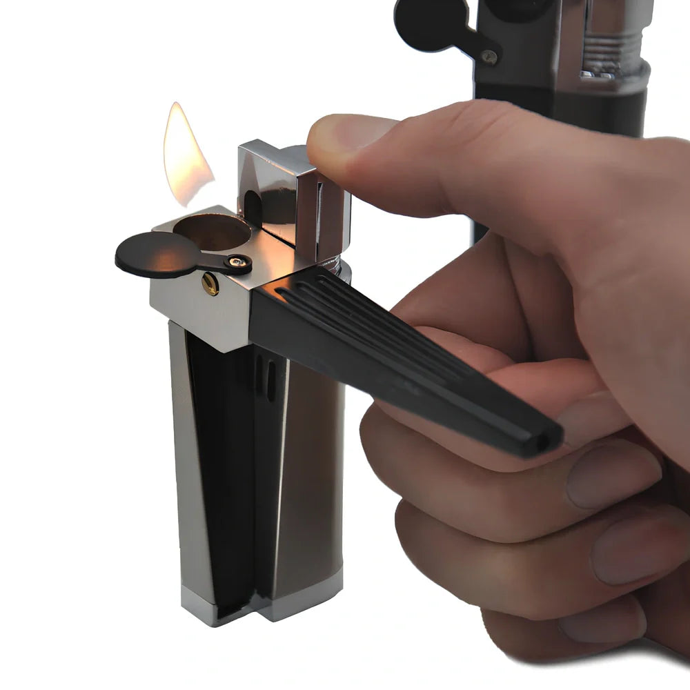 Portable foldable mini pipe with metal cap lighter showing 8cm folded size and wind-resistant function
