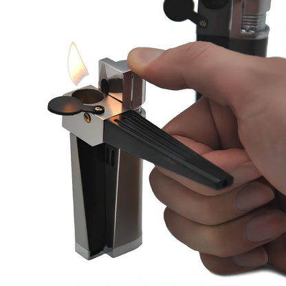 Portable foldable mini pipe with metal cap lighter showing 8cm folded size and wind-resistant function