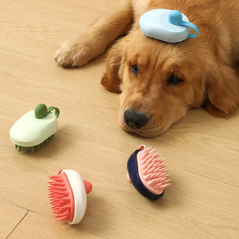 Soft silicone pet hair remover comb handheld bath brush for dogs cats cleaning tools, featuring a silicone bristle massage head that helps remove loose hair and debris during shampooing in light blue, green, dark blue or white