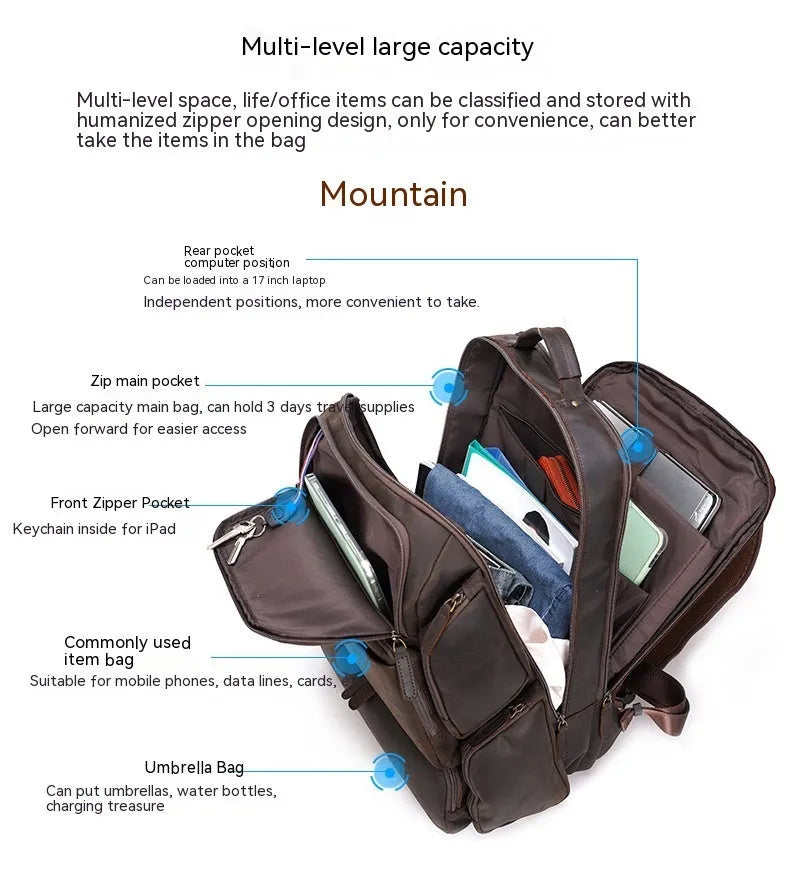 Dark brown leather backpack with embossed texture, double shoulder straps, and multiple zippered compartments for 17-inch laptops