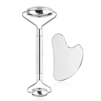3cm heart-shaped stainless steel facial massage roller and scraping plate set with acupoint map