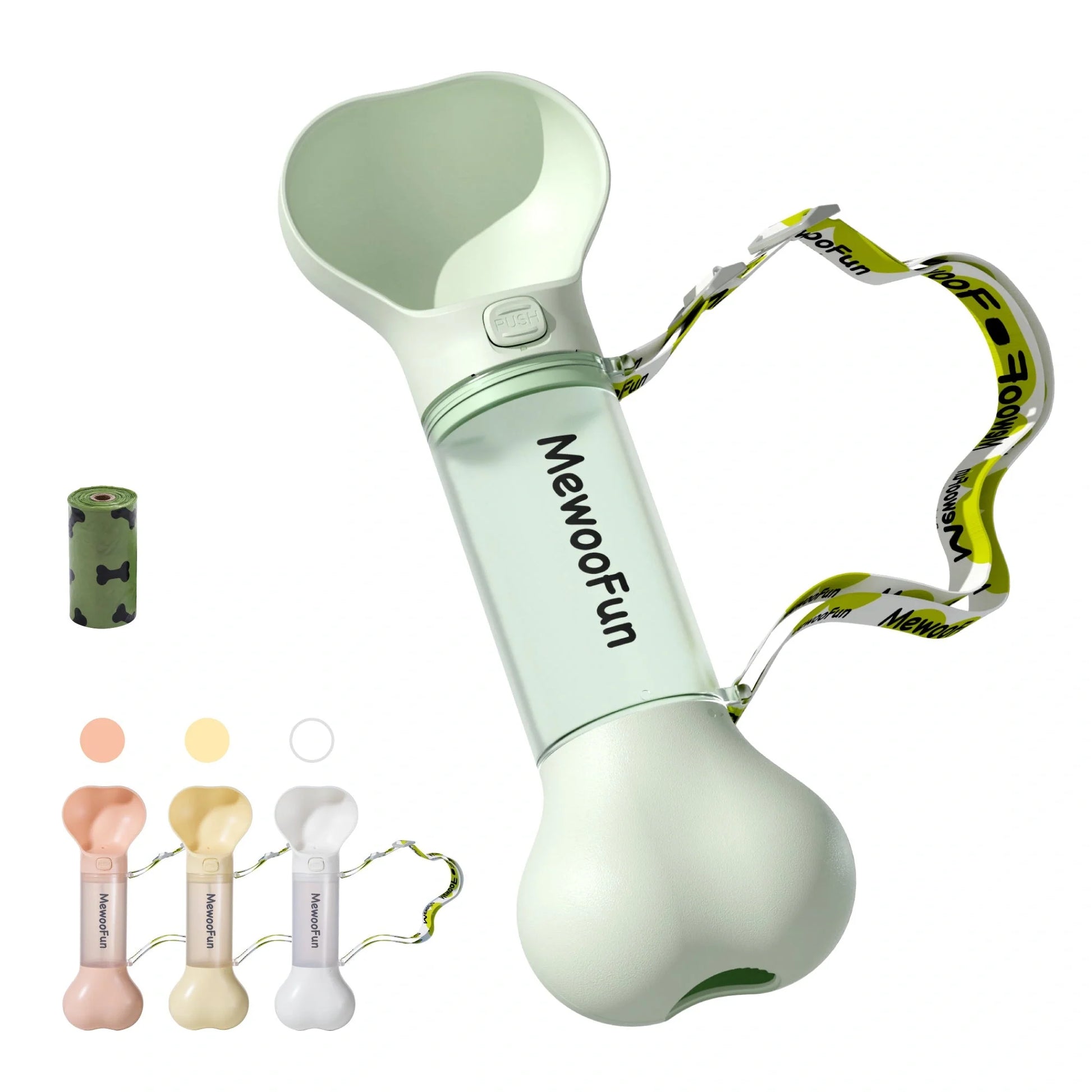Mewoofun 2-in-1 leak-proof pet water bottle with bone-shaped design and poop bag storage