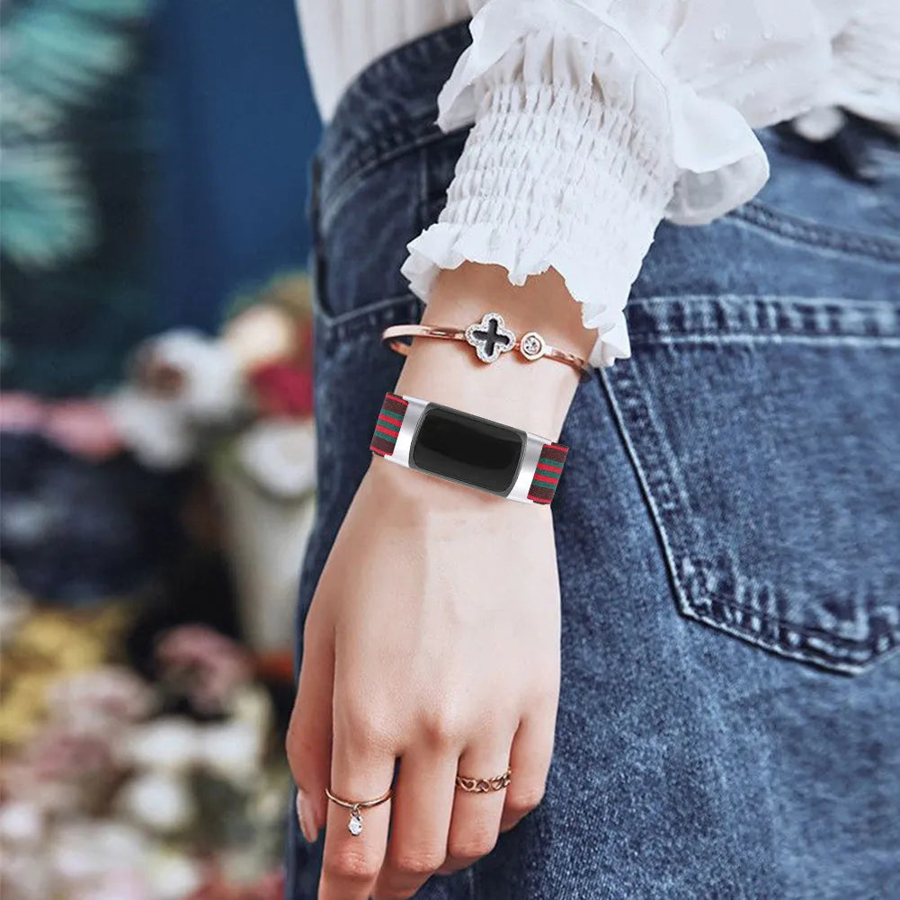 Printed elastic watch strap for Fitbit Charge 6 with adjustable sizing and multiple colour options