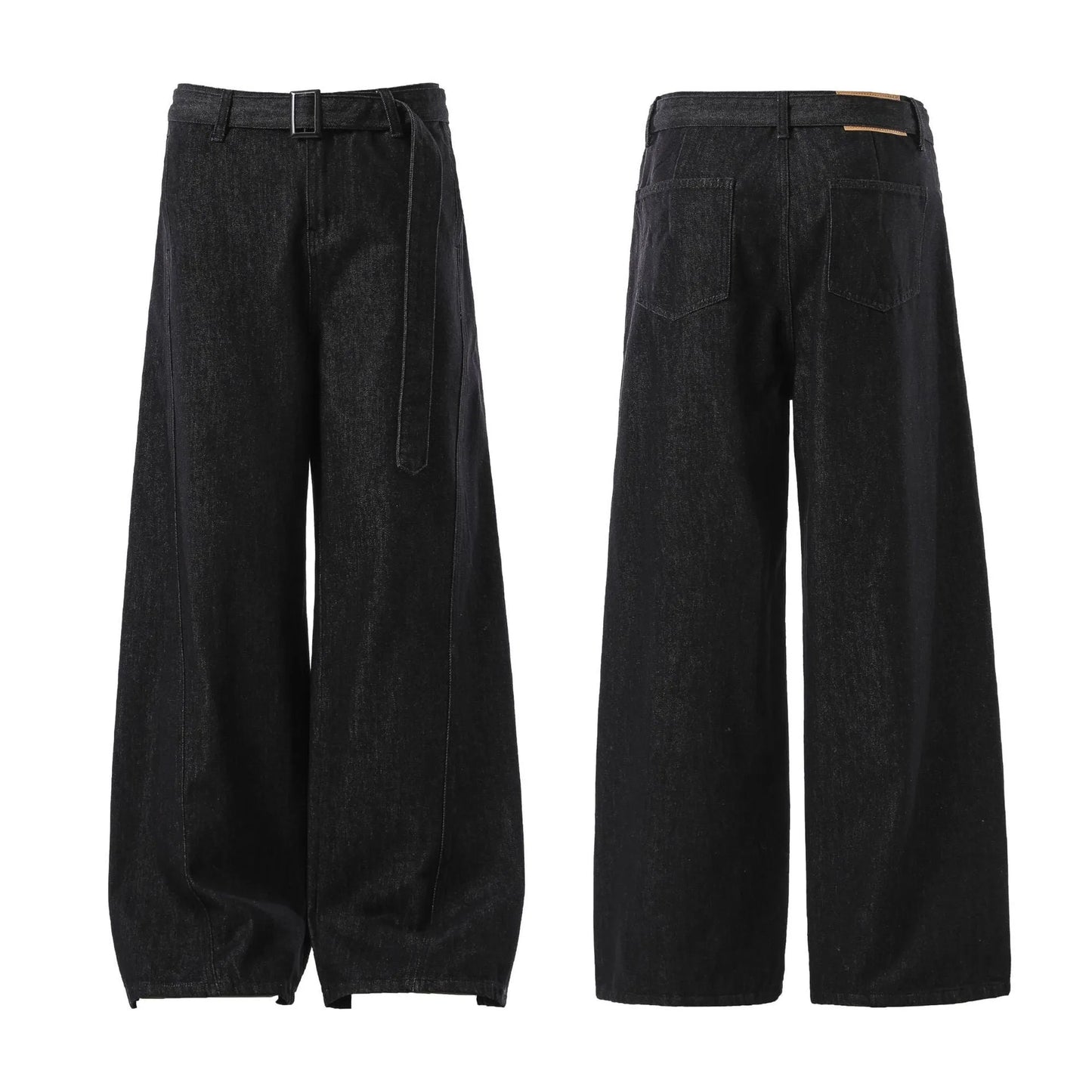 Black high-waist straight-leg jeans with zip placket fly, made from cotton denim fabric