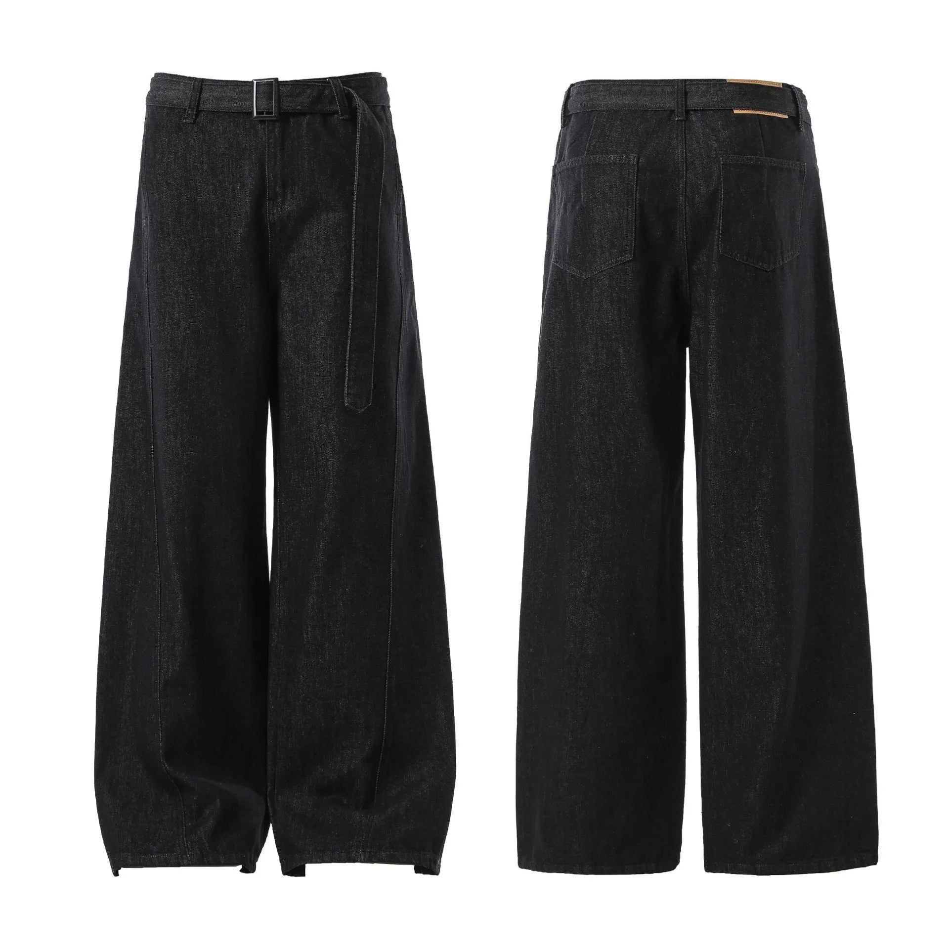 Black high-waist straight-leg jeans with zip placket fly, made from cotton denim fabric