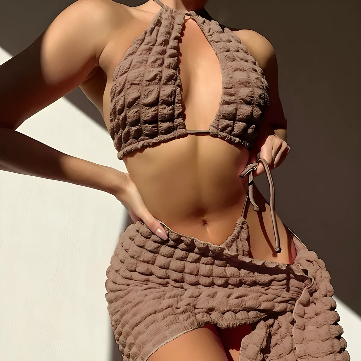 Brown seersucker lace-up three-piece women's swimsuit bikini set with skirt.