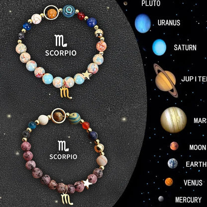 Twelve Zodiac Sign natural stone beaded bracelets with adjustable 20-24cm length showing distinct astrological designs
