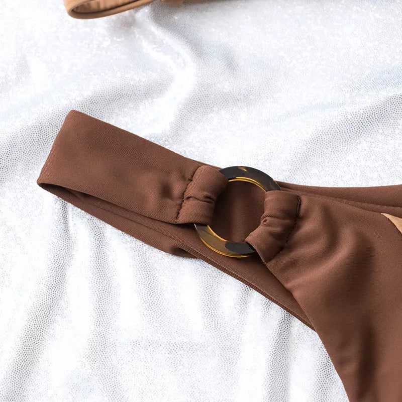 Solid color double-layer fabric split swimsuit in green and coffee, ideal for active women