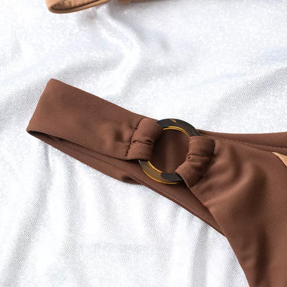 Solid color double-layer fabric split swimsuit in green and coffee, ideal for active women