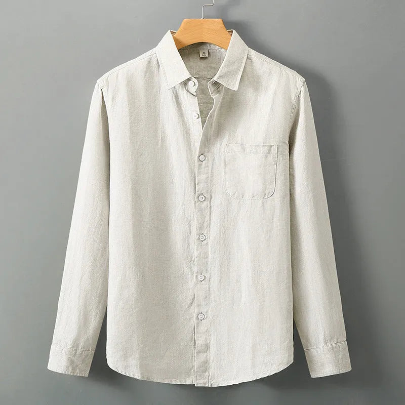Long sleeve linen cardigan in a Chinese style, shown in a solid colour on a model.