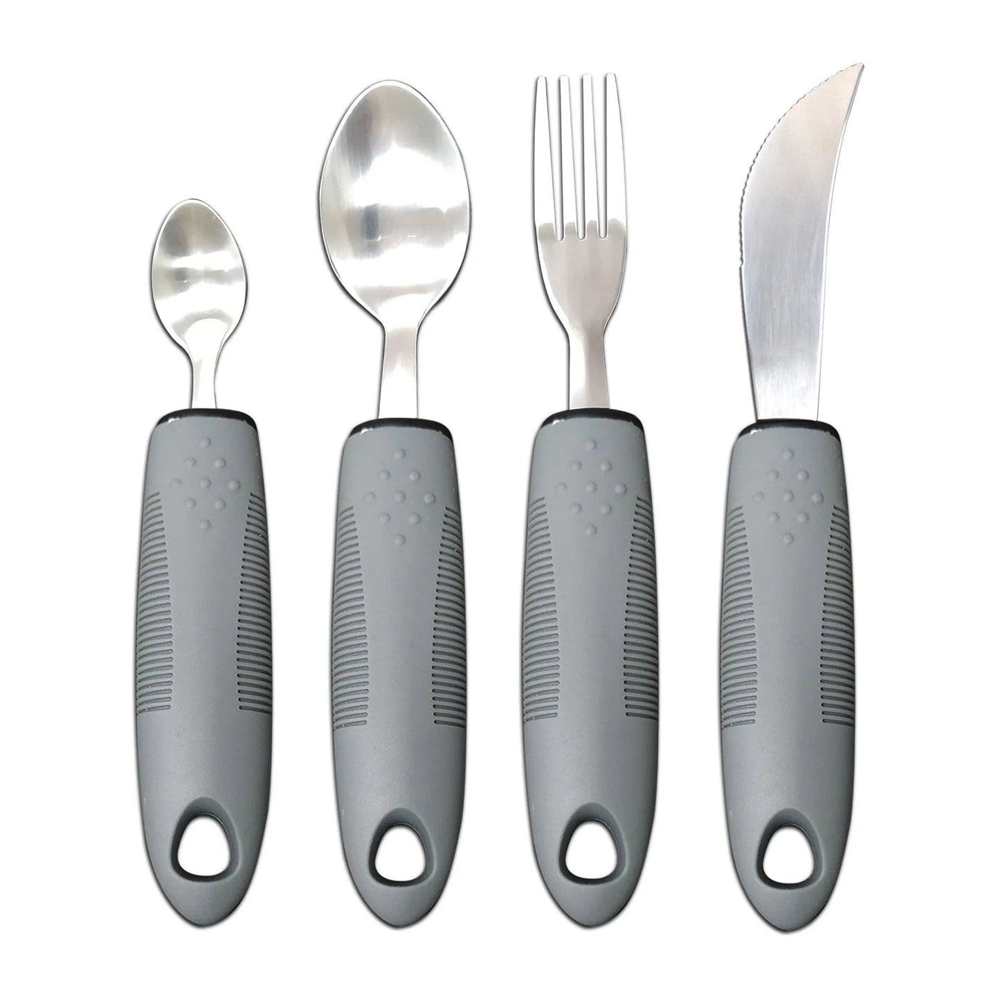 Stainless steel adaptive eating utensils with rubber handles and bendable components for elderly anti-shake support
